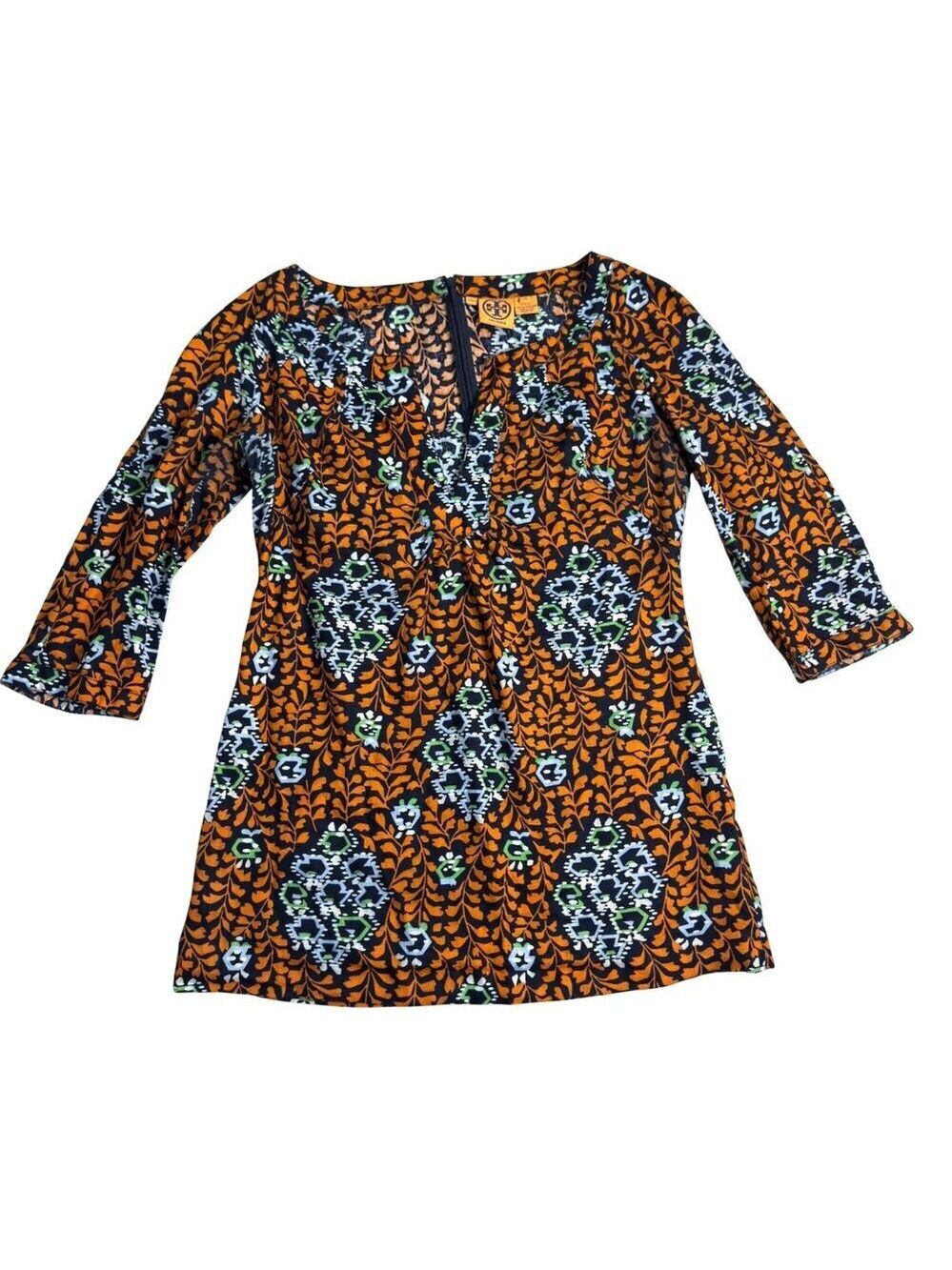 Trina Turk Geometric Floral Print Tunic Top Dress Orange Navy 3/4 Sleeve M